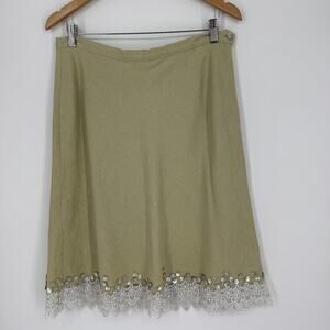 Vintage April Cornell Linen Skirt SZ L Lace Button Accent Trim Cottage Country